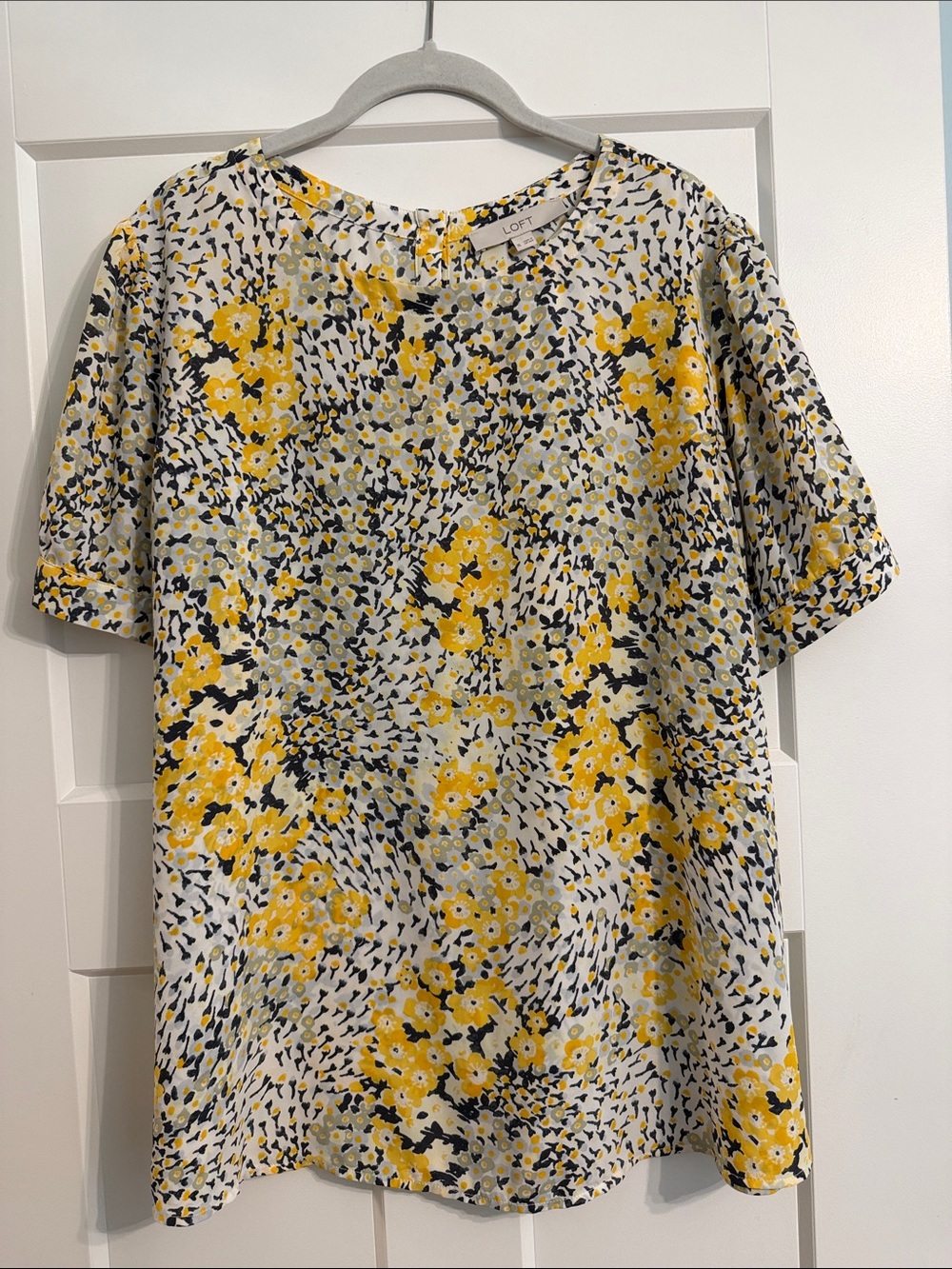 LOFT Yellow Floral Short Sleeve Blouse with Navy Accents